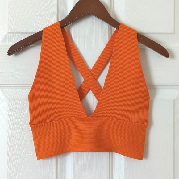 Garage Summer Ribbed Knit Plunging V-neck Racerback Cropped Tank Top Orange L - Picture 1 of 10